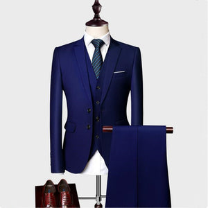 (Blazer+Pants+Vest) Classic Men Formal Business Suit Slim Royal Blue Wedding Groom Wear Male Suit Black Gentlemen Costume M-5XL