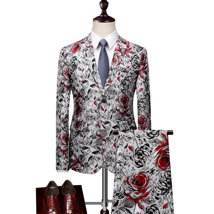 (Jacket+Pants) 2019 Flower Color Men Suits Fashion Party Dresses Men's Slim Fit Business Men Wedding Suit Full Size M-5XL