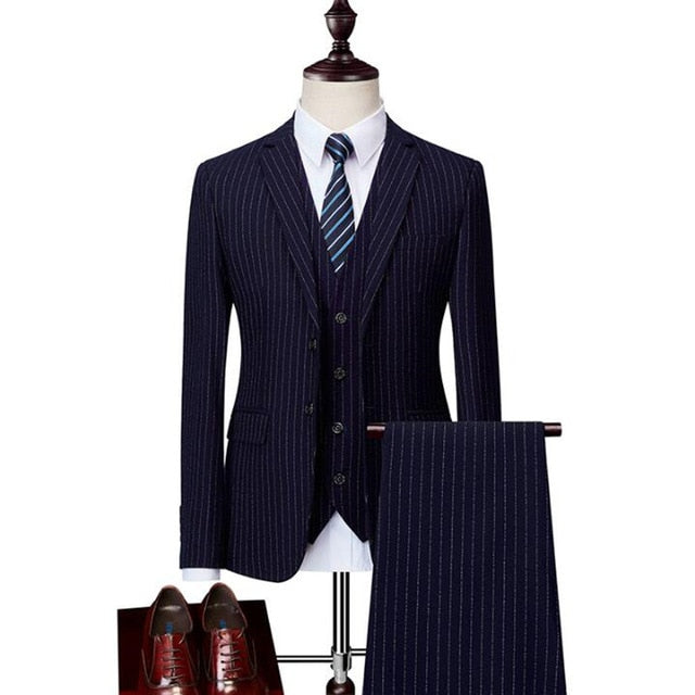 ( Jackets + Vests + Pants ) New Men's Fashion Boutique Stripe Groom Wedding Dress Suits Three-piece Suits Men's Business Suits