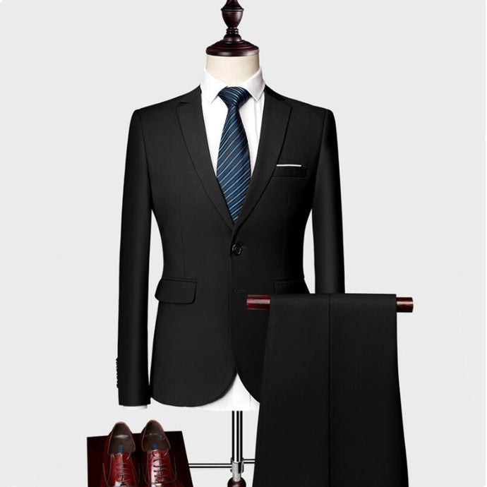 (Jacket+Pants) 2019 Classic Men Formal Business Suit Slim Royal Blue Wedding Groom Wear Male Suit Black Gentlemen Costume M-5XL